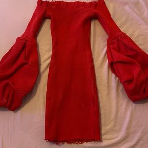 Better Be Red Knit Pull Up Tattered Balloon Sleeve Dress